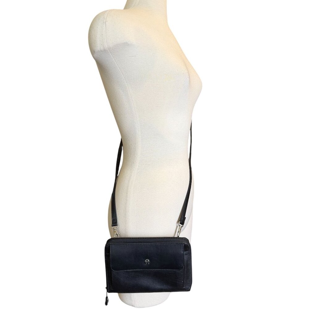 VTG Eitenne Aigner Black Leather Crossbody clutch Wallet Long Strap purse